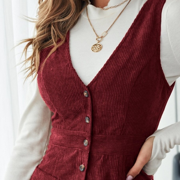 button down corduroy pocket burgundy mini dress - Picture 2 of 6